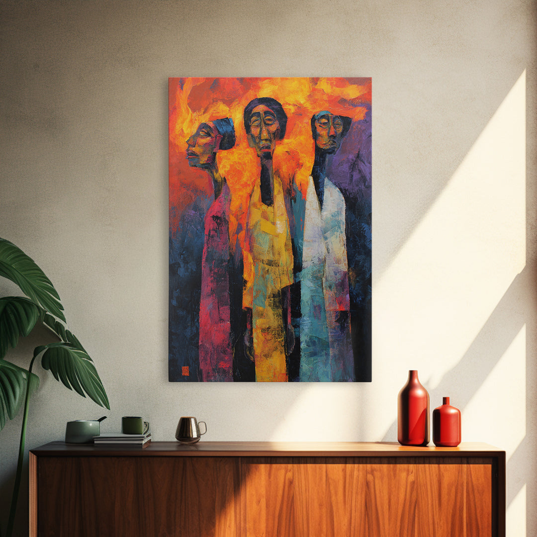 Fiery Three African Figures With Long Faces, Framed Canvas Print, Modern African Art, Black Culture Decor, Statement Wall Art