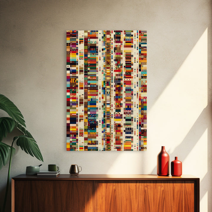Pan African Textile Mosaic Strips Wall Art, Colorful African Fabric Patterns Canvas Print, Cultural Boho Home Decor Gift