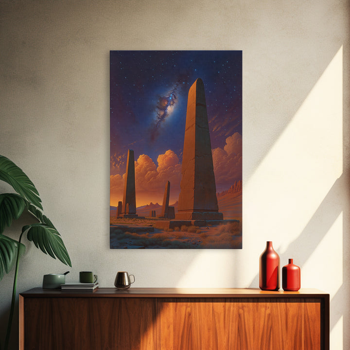 Ancient Desert Obelisks Under Stars Canvas Print, African Egyptian Art, Mystical Landscape Wall Decor, Stargazer Art Gift