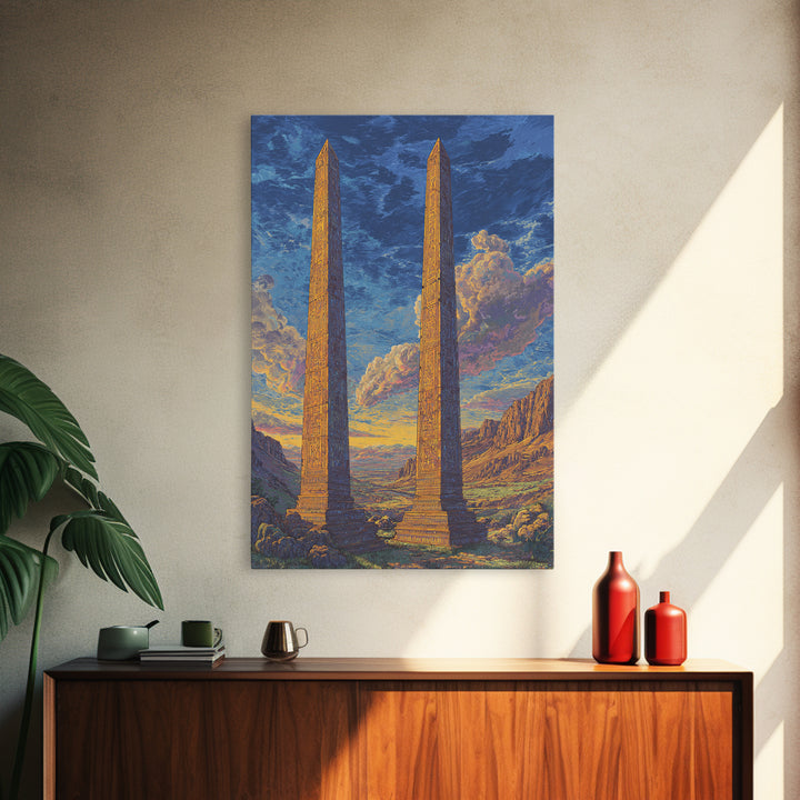 Twin Ancient Obelisks At Sunset Framed Canvas Print, African Egyptian Art, Historic Monument Landscape Wall Decor Gift For Home