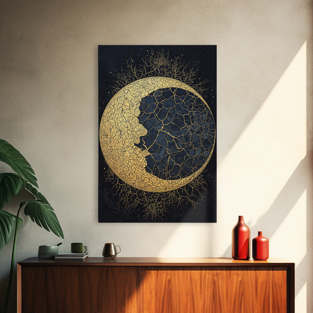 Cracked Gold Crescent Moon Wall Art, Mystical African Inspired Celestial Canvas Print, Black And Gold Spiritual Home Decor