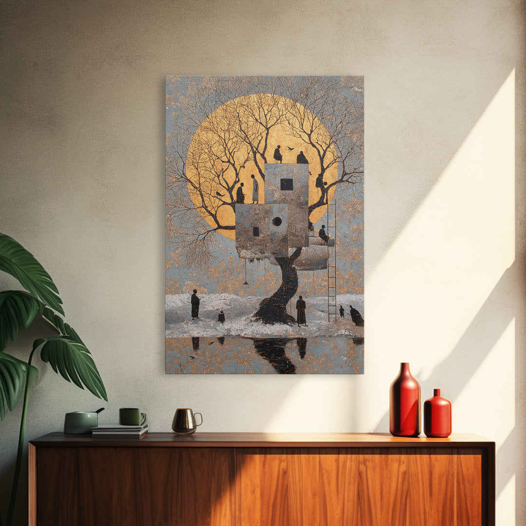 Surreal Moonlit Treehouse In Winter Wall Art, Dreamy Nature Scene Canvas Print, Whimsical Figures And Storybook Decor For Home