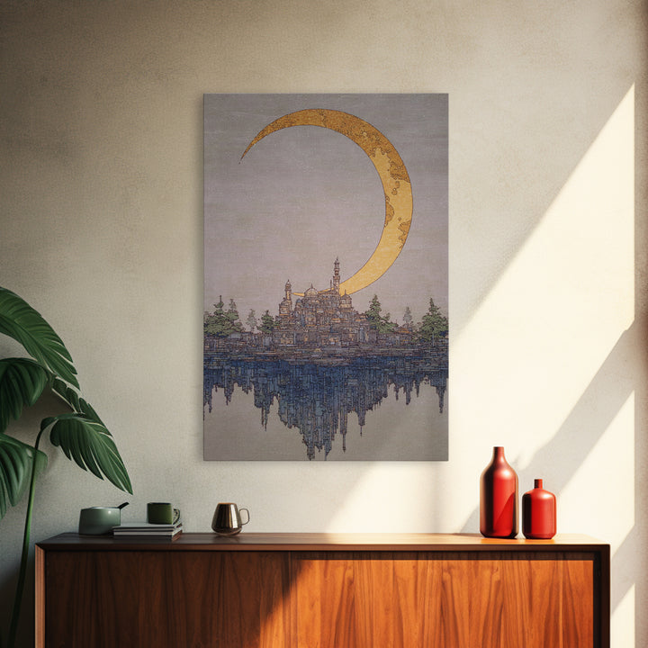 Golden Crescent Moon Over Floating City Wall Art, Dreamy Urban Landscape Canvas Print, Mystical Blue Beige Home Decor For Living Room