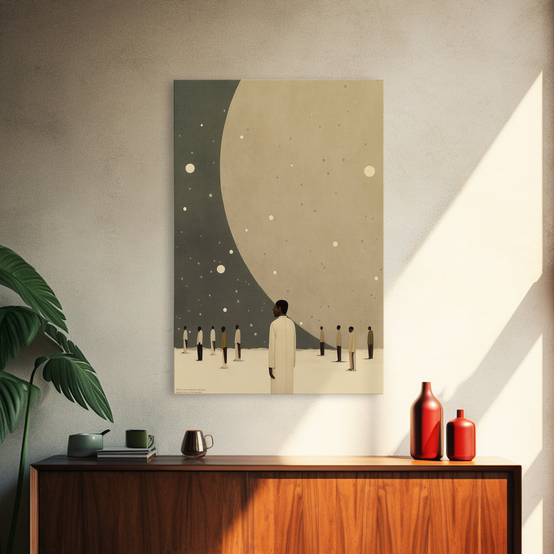 Minimalist Figures Beneath Giant Moon Wall Art, Modern Black Art Canvas Print, Dreamy Celestial Neutral Home Decor For Living Room