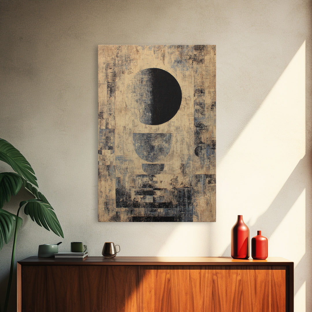 Textured Beige Black Geometric Abstract Wall Art, Modern African Inspired Canvas Decor, Minimalist Earth Tone Home Decor