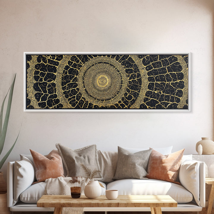 Black Gold Tribal Circle Canvas Print, African Abstract Pattern Wall Decor, Luxury Boho Textured Home Decor Gift For Living Room