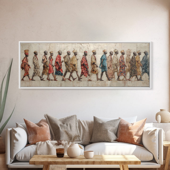 Walking African Village Procession Wall Art, Textured Cultural People Print, Panoramic Afrocentric Home Decor Gift For Hallway