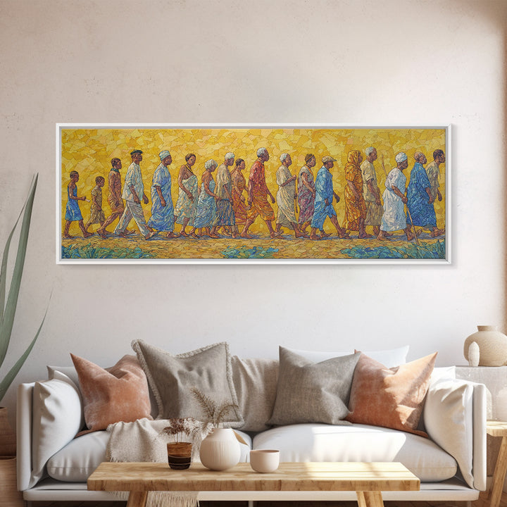 Sunlit African Walking Procession Canvas Print, Yellow Mosaic Cultural Wall Decor, Afrocentric Panoramic Home Art Gift For Living Room