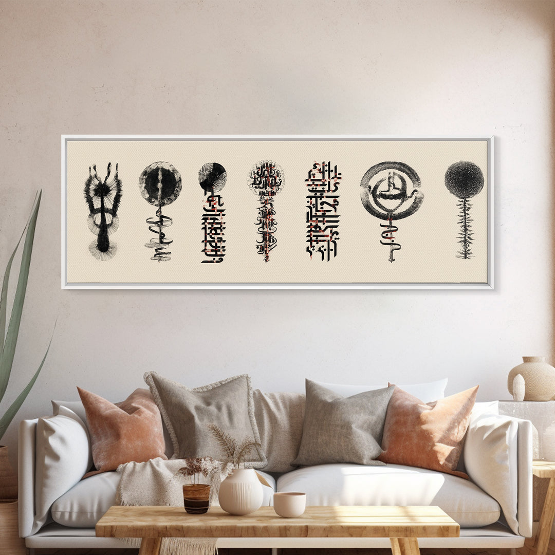 Ancient African Symbol Study Wall Art, Black Ink Tribal Mask Motifs, Minimalist Cultural Poster For Office And Home Decor