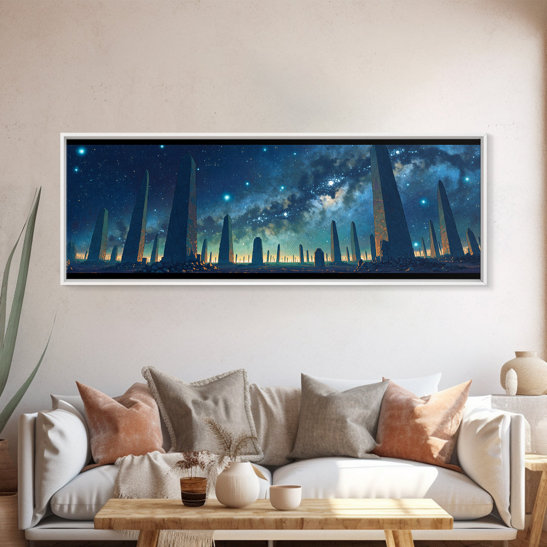 Futuristic Starry Obelisks Wall Art, African Egyptian Art, Cosmic Landscape Canvas Print, Mystical Blue Night Sky Office Decor