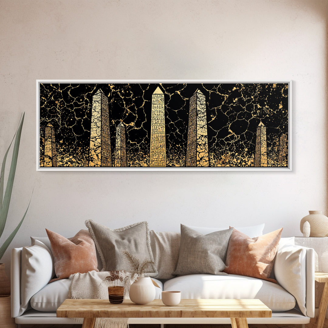 Gold Hieroglyph Obelisks Wall Art, African Egyptian Art, Black Gold Canvas Print, Ancient Symbols Cultural Statement Decor