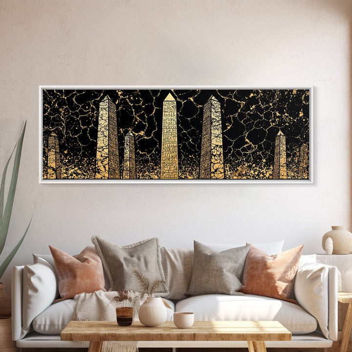 Gold Hieroglyph Obelisks Wall Art, African Egyptian Art, Black Gold Canvas Print, Ancient Symbols Cultural Statement Decor