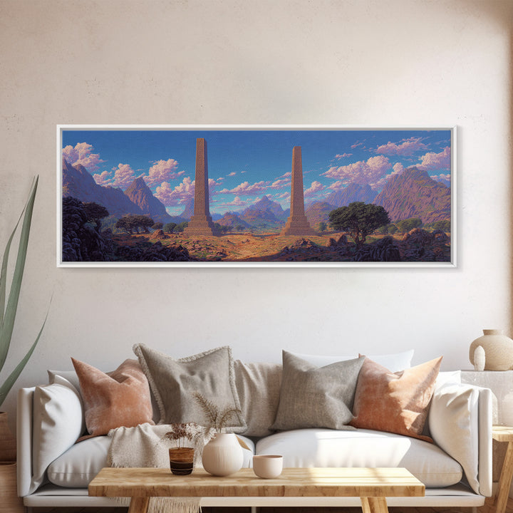 Twin Obelisks In Mountain Valley Framed Canvas Print, African Landscape, Africa Art Print, Statement Wall Art, Home Decor Gift