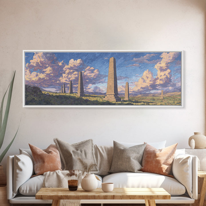 Stone Obelisk Field With Pastel Clouds Wall Art, African Art Print, Ancient African Art, Large Wall Art, Elegant Home Decor