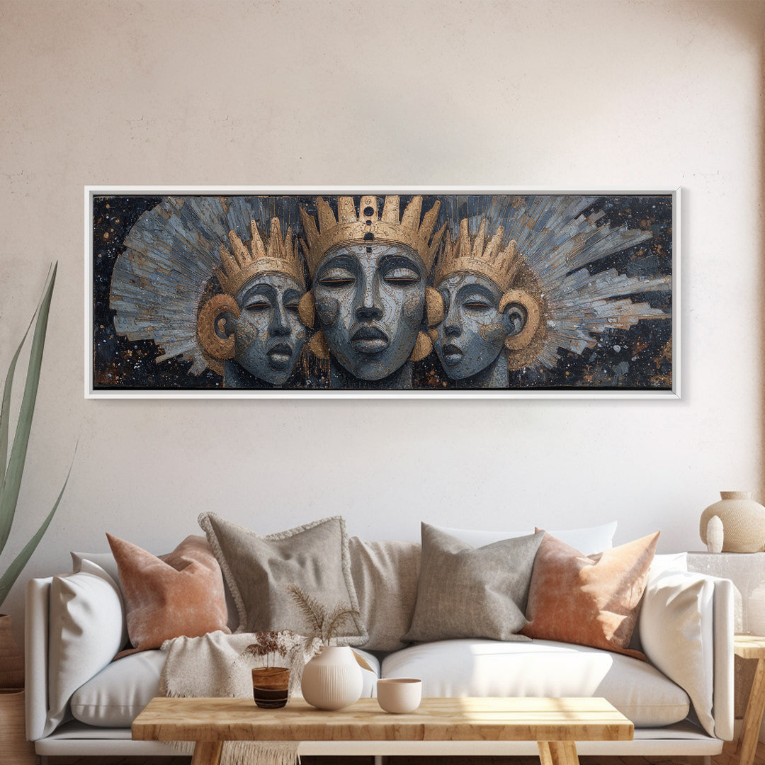 Regal Three African Goddess Faces Framed Canvas Print, African Women Art, Black Goddess Art, Gold Jewelry Canvas, Wall Decor