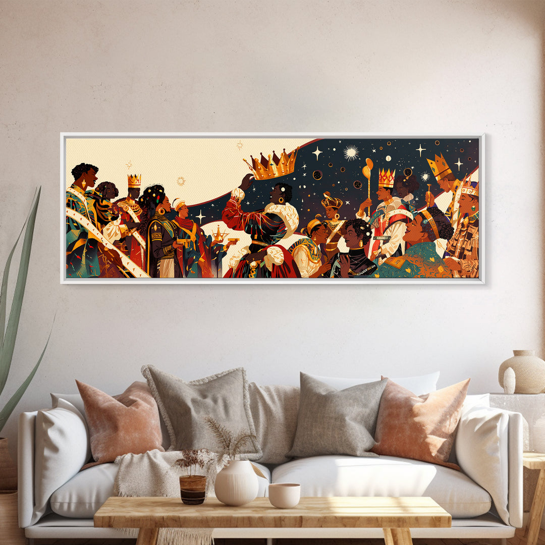 Royal African Celebration Under Stars Wall Art, Afrocentric Crown Ceremony, Black Culture Art, Panoramic Living Room Decor
