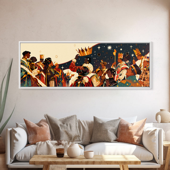 Royal African Celebration Under Stars Wall Art, Afrocentric Crown Ceremony, Black Culture Art, Panoramic Living Room Decor