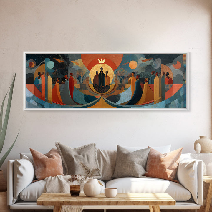 Abstract African Procession With Sun And Moon Wall Art, Afrocentric Modern Canvas, Earth Tone Cultural Home Decor Art Gift