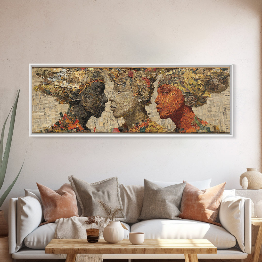 Textured African Women Profiles Framed Canvas Print, Earth Tone Black Female Art, Elegant Afrocentric Wall Decor Portrait Gift