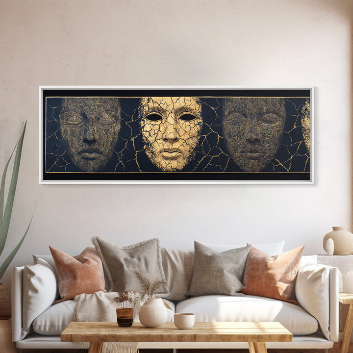 Gold And Black Ancient Mask Triptych Wall Art, Cracked Texture Faces, African Tribal Decor, Dramatic Cultural Canvas Gift