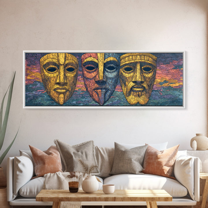 Three Golden African Masks Wall Art, Tribal Mask Canvas Print, Afrocentric Decor, Cultural Home Decor, Bold Statement Piece
