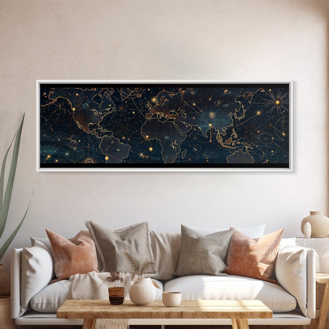 Dark Celestial World Map Wall Art, Gold Constellation Canvas Print, Modern Office Decor, Abstract Travel Home Decor, Housewarming Gift