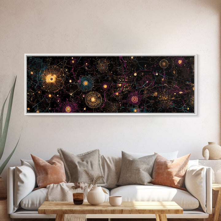 Gold And Magenta Galaxy Constellation Wall Art, Celestial Canvas Print, Modern Black Art, Vibrant Wall Decor, Mystical Art