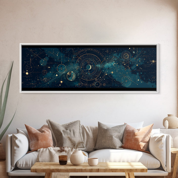 Teal Galactic Blueprint Astrolabe Framed Canvas Print, Geometric Wall Art, Modern Canvas Art, Celestial Office Decor, Unique Home Decor