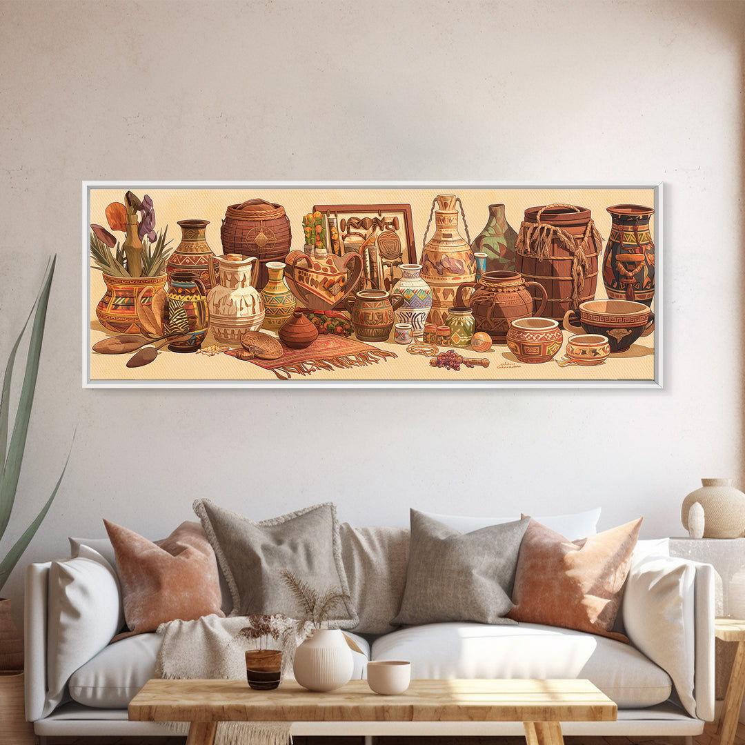 African Pottery Baskets And Drums Canvas Print, African Art Decor, Tribal Wall Art, Earth Tone Wall Decor, Cultural Art Print