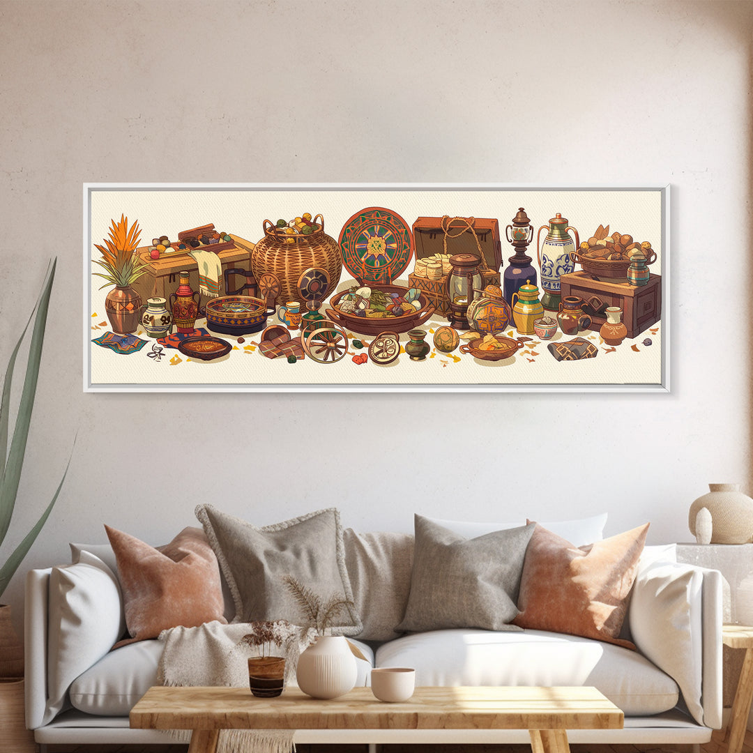African Market Baskets Spices And Instruments Canvas Print, African Decor, Tribal Art Decor, Cultural Wall Art, Boho Home Decor