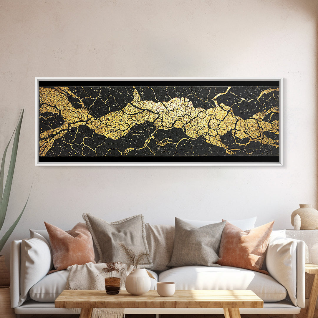 Black And Gold Cracked Marble Abstract Wall Art, Luxury Canvas Print, Modern Geometric Decor, Earth Tone Statement Piece Art
