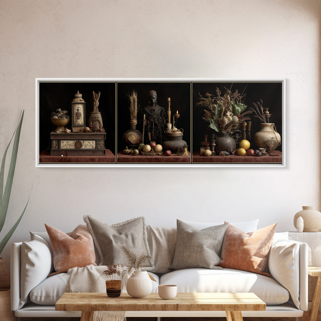 African Statue Still Life Triptych Canvas Print, Tribal Art Decor, Rustic Vessels Fruit And Botanicals, Elegant Home Decor