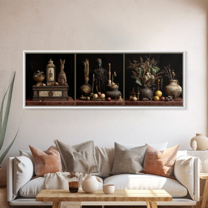 African Statue Still Life Triptych Canvas Print, Tribal Art Decor, Rustic Vessels Fruit And Botanicals, Elegant Home Decor