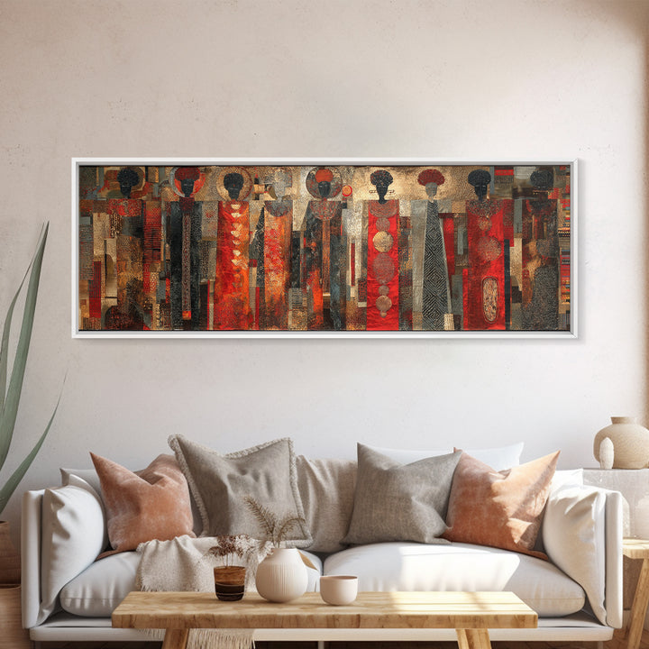 Abstract African Women In Red Patterned Dresses Wall Art, Black Women Art, Afrocentric Decor, Cultural Canvas Print For Living Room