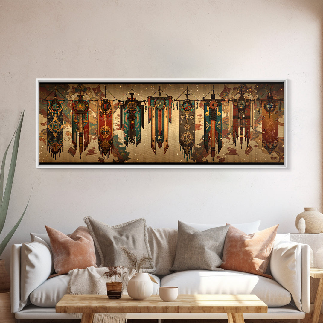 African Tribal Hanging Banners With Symbols Framed Canvas Print, Ethnic Wall Decor, Boho Patterns, Cultural Home Decor For Living Room