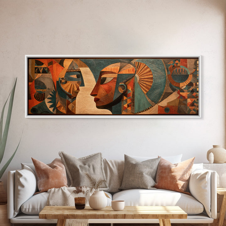 Cubist African Woman Profile Wall Art, Earth Tone Tribal Portrait, Abstract African Art Decor, Panoramic Canvas Print Gift