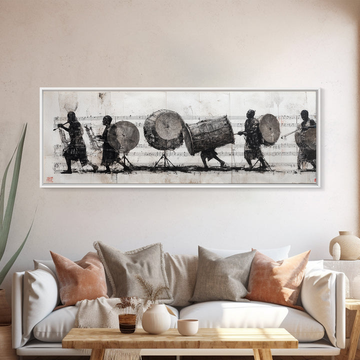 Monochrome African Drummers Wall Art, Tribal Music Procession Canvas Print, Cultural Black Art For Home Office Decor Gift