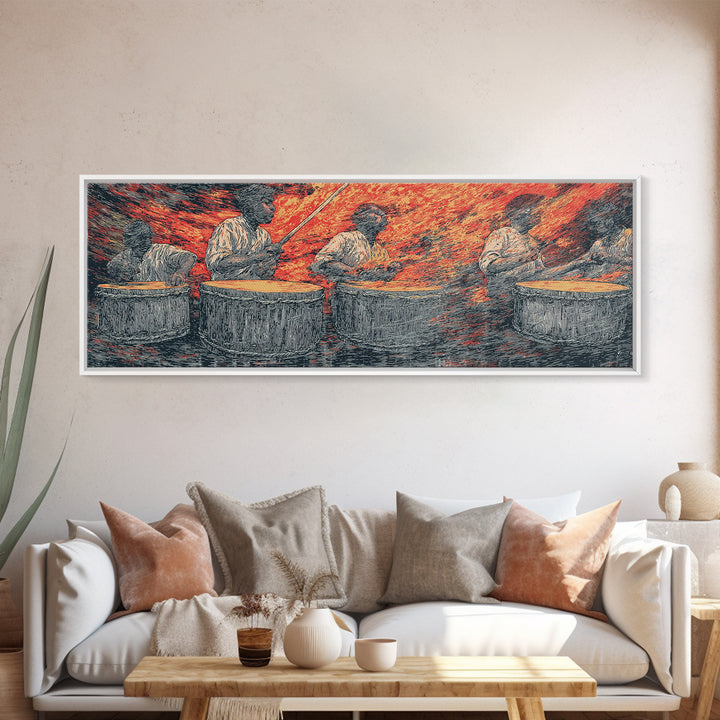 Fiery African Drummers Canvas Print, Red Orange Tribal Music Wall Art, Afrocentric Abstract Art For Bold Home Decor Gift