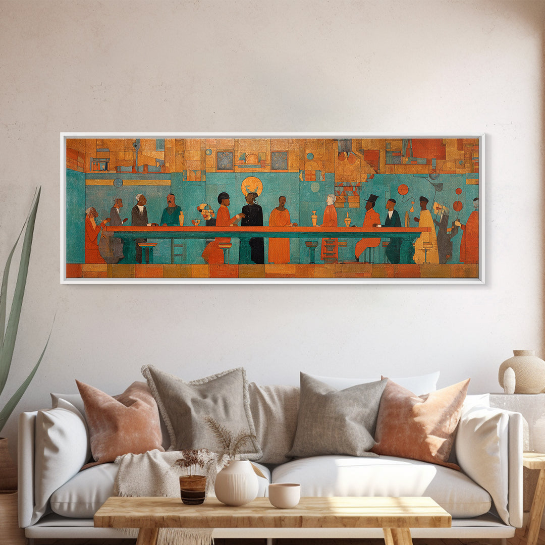 Turquoise Orange Social Gathering Wall Art, African Lounge Scene Canvas Print, Modern Afrocentric Decor For Home And Office