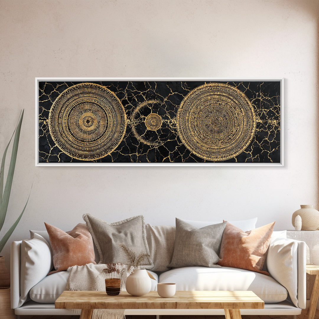 Gold Celestial Mandala Circles On Black Stone Wall Art, Abstract Wall Art, Luxury Canvas Print, Modern Home Decor, Statement Wall Decor