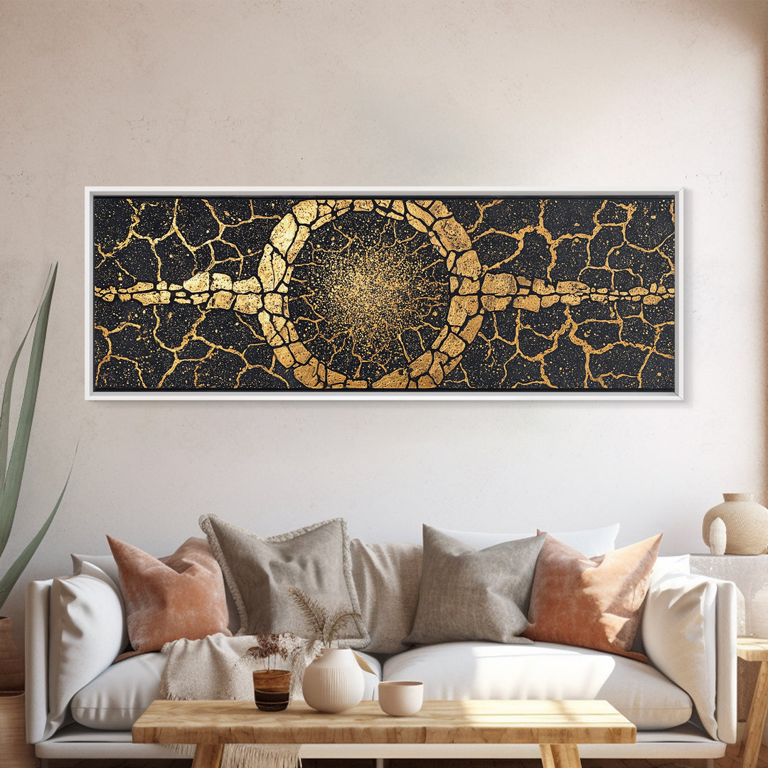 Gold Cracked Stone Circle With Cosmic Spark Wall Art, Abstract Black Art Canvas Print, Textured Modern Wall Decor, Statement Decor