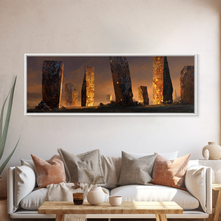 Glowing Ancient Monoliths In Desert Sunset Framed Canvas Print, Mystical Wall Art, Fantasy Ruins Decor, Large Wall Decor