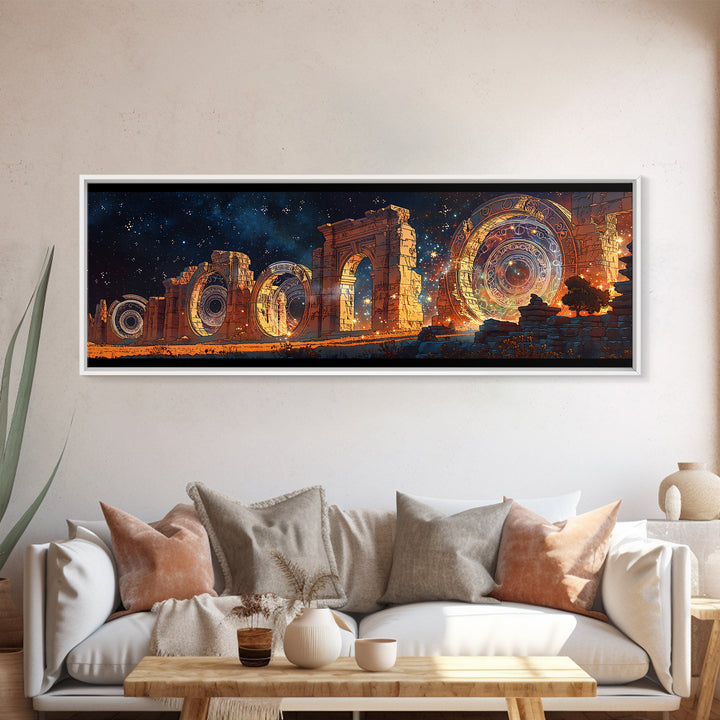 Starlit Ancient Arches With Cosmic Portals Framed Canvas Print, Mystical Wall Art, Galaxy Ruins Decor, Large Wall Art, Unique Home Decor