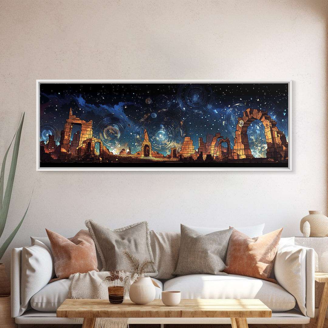 Starry Temple Ruins With Blue Gold Celestial Sky Wall Art, Framed Canvas Print, Mystical Decor, Large Statement Wall Decor
