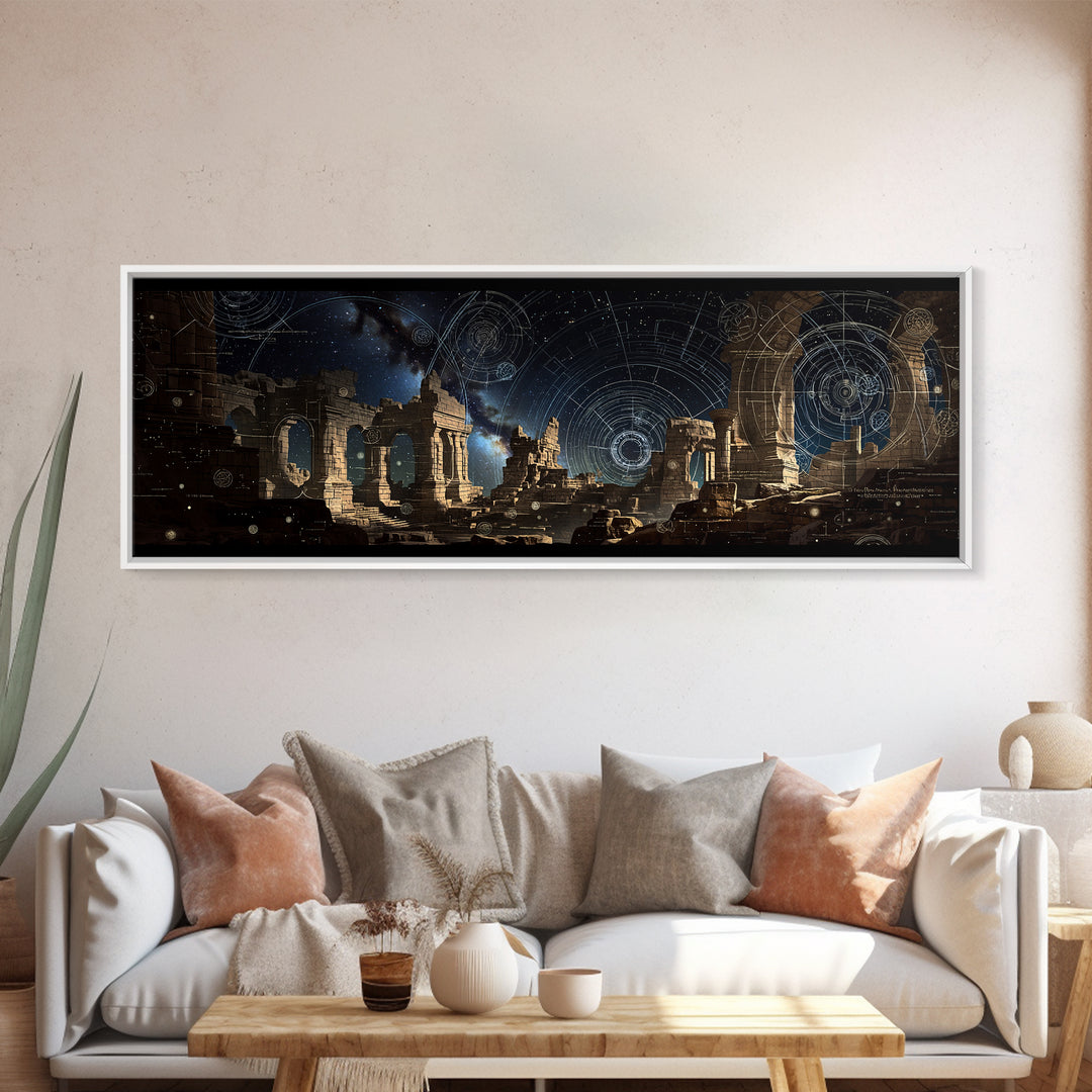 Dark Celestial Ruins With Ancient Arches Wall Art, Framed Canvas Print, Mystical Gothic Decor, Large Statement Wall Decor
