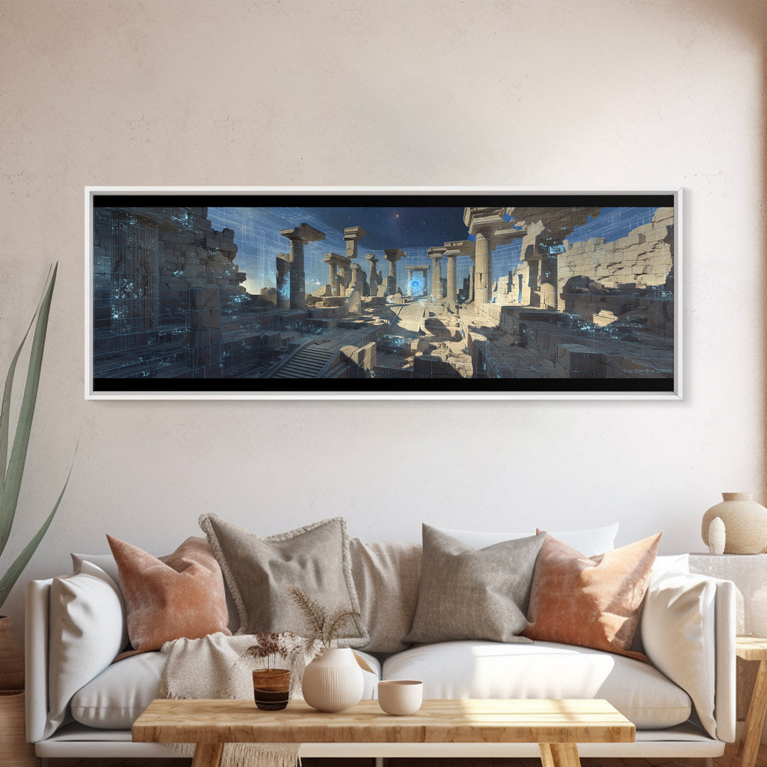 Blue Futuristic Column Ruins With Digital Grid Canvas Print, Modern Wall Art, Sci Fi Office Decor, Large Wall Decor, Unique Home Decor
