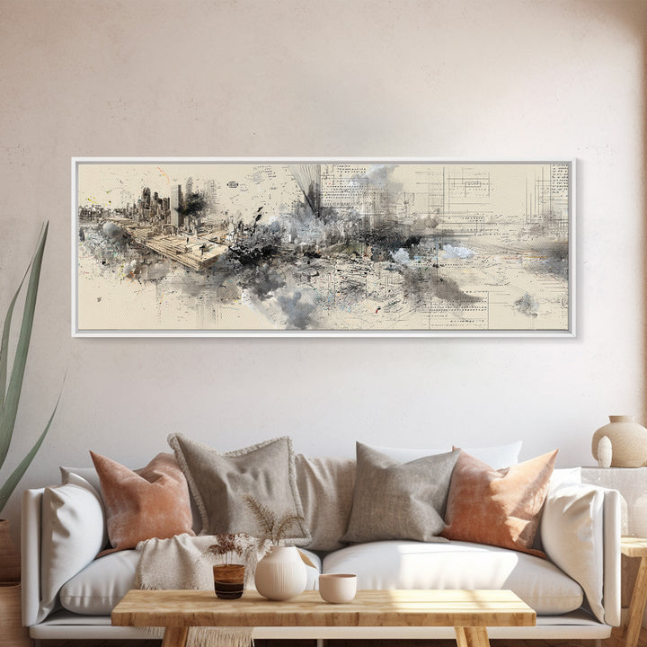 Modern Urban Skyline Wall Art, Abstract Architecture Drawing, Contemporary Office Decor, Neutral City Canvas Print Gift For Loft