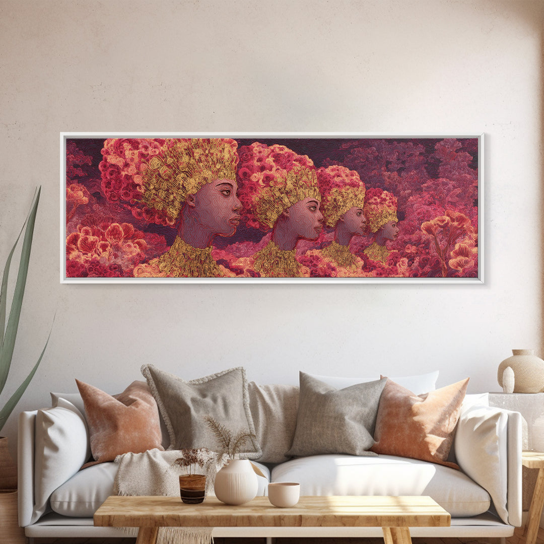 Pink Rose Garden Afro Women Portrait Wall Art, Floral Black Beauty Canvas Print, Feminine Afrocentric Decor, Melanin Gift For Her