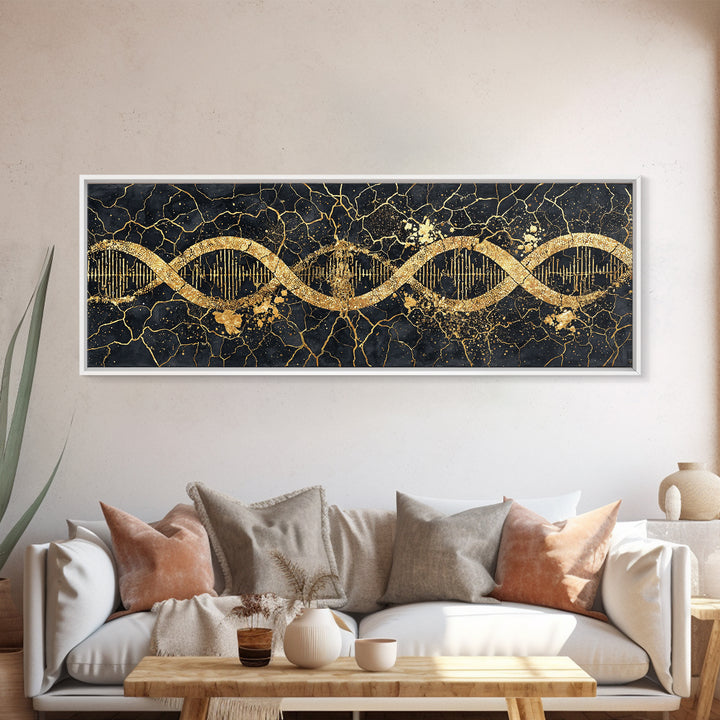 Gold DNA Helix Wall Art, Abstract Luxury Science Canvas Print, Black And Gold Design, Modern Office Decor For Biology Gift