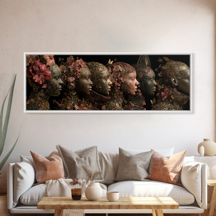 Black Goddess Floral Portrait Wall Art, Elegant Women Canvas Print, Afrocentric Luxury Decor, Dark Botanical Gift For Her